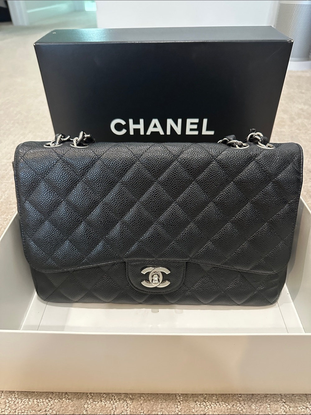 CHANEL Black Quilted Caviar Leather Single Flap Shoulder Bag